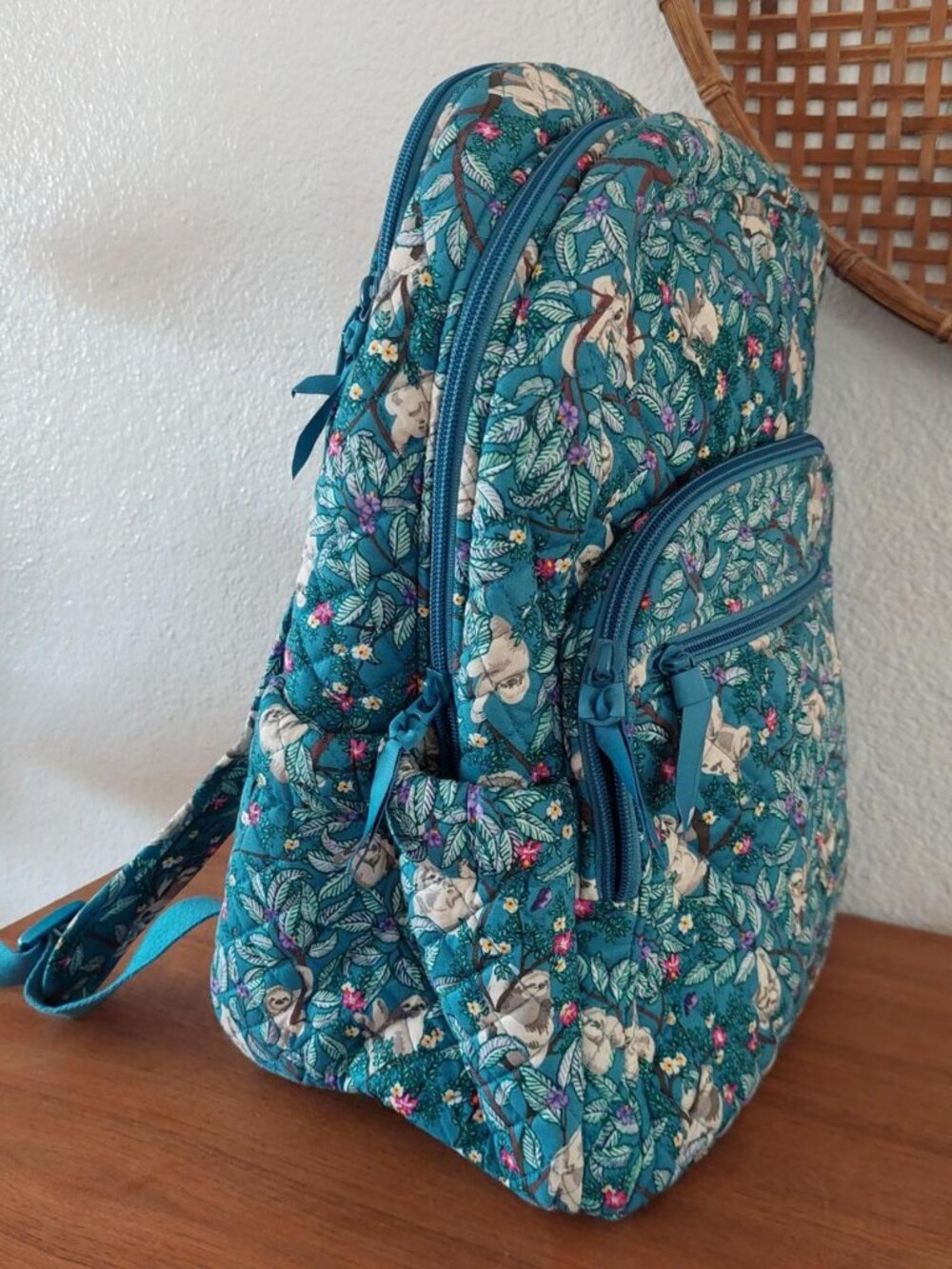 vera bradley Sloth backpack with sloths and flowers on a teal background #sloth - Picture 2 of 6